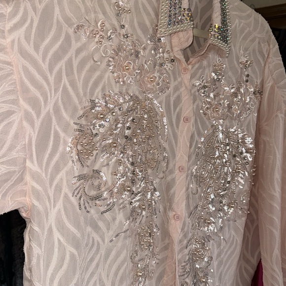 Baby Pink Cotton Soft Button Down Hi Lo Crystal Sequin Adorned Blouse - Picture 3 of 6